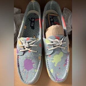 NEW Sperry Denim A/O 2-Eye Textile Boat Shoe Paint Splatter slip on graffiti 12